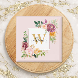 Monogram Elegant Watercolor Rose Floral Botanical Magnet