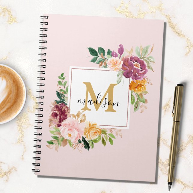 Monogram Elegant Watercolor Rose Floral Botanical Notebook (In situ)