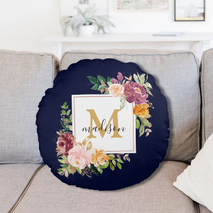 Monogram Elegant Watercolor Rose Floral Botanical Round Pillow