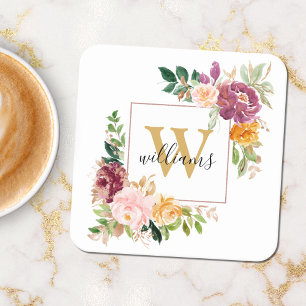 Monogram Elegant Watercolor Rose Floral Botanical Square Paper Coaster