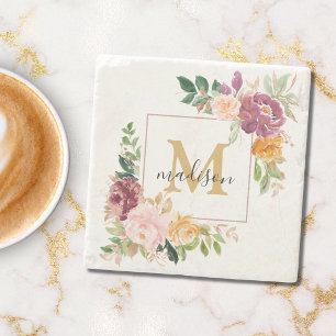 Monogram Elegant Watercolor Rose Floral Botanical Stone Coaster