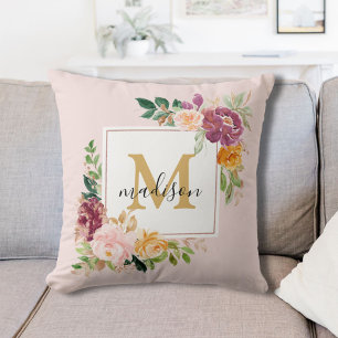 Monogram Elegant Watercolor Rose Floral Botanical Throw Pillow