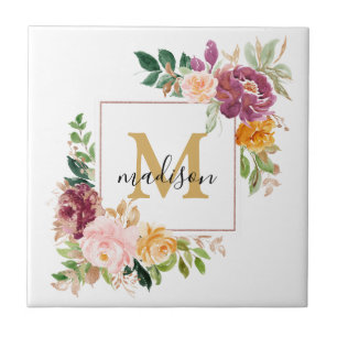 Monogram Elegant Watercolor Rose Floral Botanical Tile