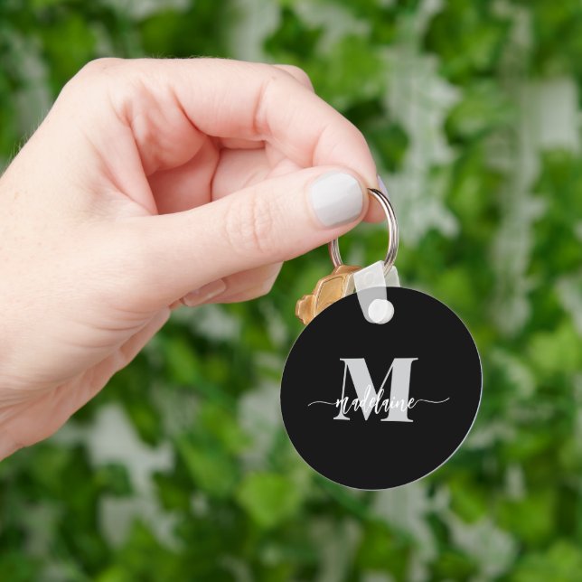 Monogram Elegant White Black Personal Keychain (Hand)