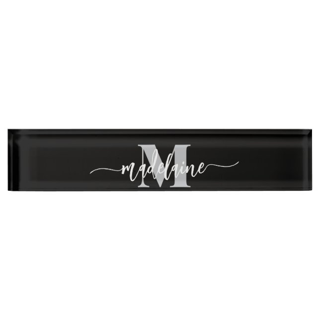 Monogram Elegant White Black Personal Nameplate (Front)
