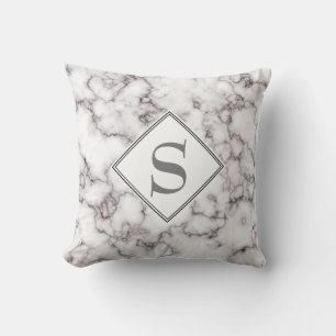 Monogram Elegant White Marble and Grey Throw Pillow