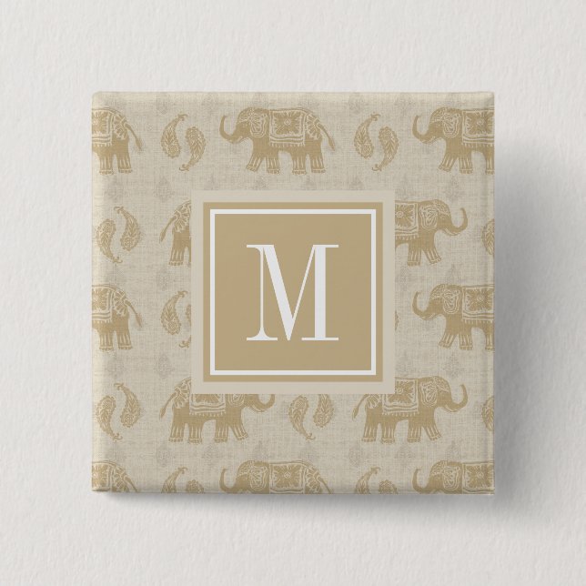 Monogram | Elephant Khaki Caravan Pattern 2 Inch Square Button (Front)