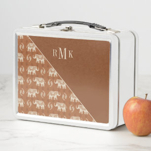 Monogram Elephant Orange Caravan Pattern Metal Lunch Box
