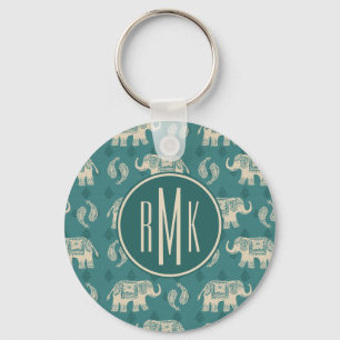 Monogram   Elephant Teal Caravan Pattern Keychain