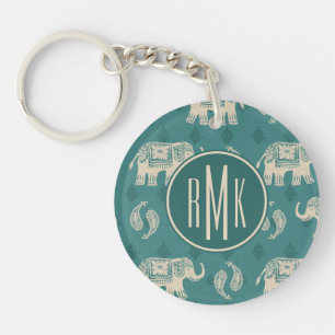 Monogram   Elephant Teal Caravan Pattern Keychain