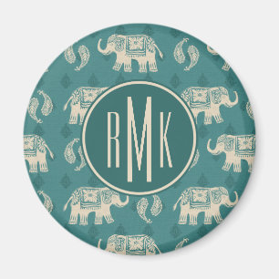Monogram   Elephant Teal Caravan Pattern Magnet