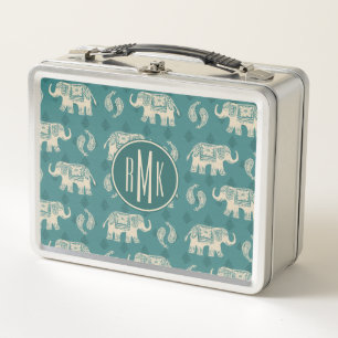 Monogram Elephant Teal Caravan Pattern Metal Lunch Box