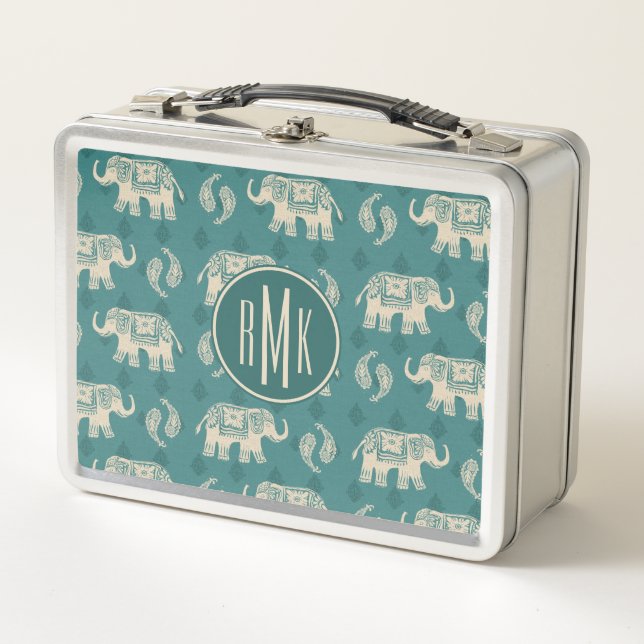 Monogram | Elephant Teal Caravan Pattern Metal Lunch Box (Front)