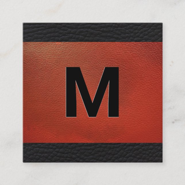 Monogram | Emboss Lettering Red Leather Square Business Card (Front)
