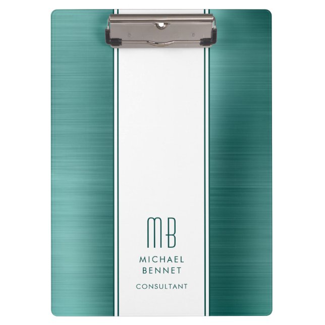 Monogram Emerald Green Brushed Metallic Business Clipboard (Front)