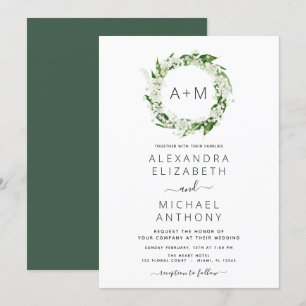 Monogram Emerald Green Greenery Wedding Invitation
