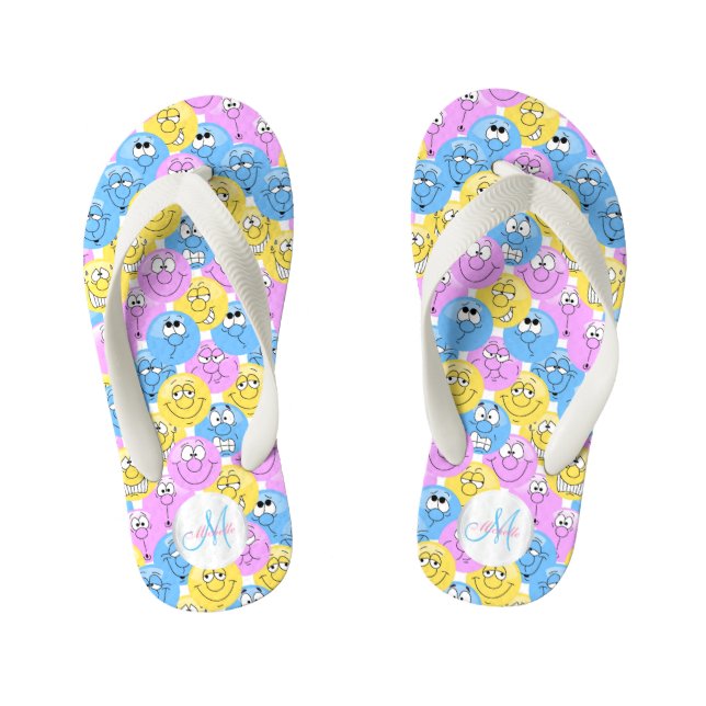 Monogram - Emoji Design Funny Pastel Faces Kid's Flip Flops (Footbed)
