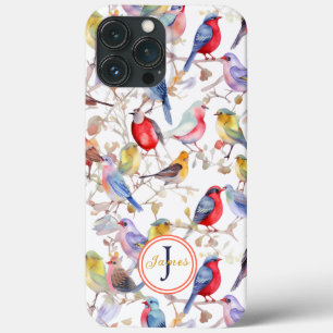 Monogram Enchanting Watercolor Birds Pattern iPhone 13 Pro Max Case