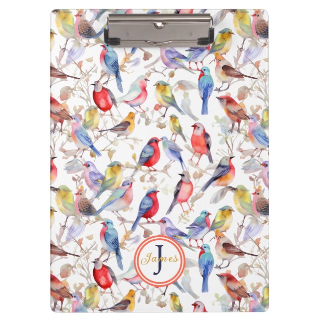 Monogram Enchanting Watercolor Birds Pattern Clipboard (Front)