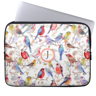Monogram Enchanting Watercolor Birds Pattern Laptop Sleeve
