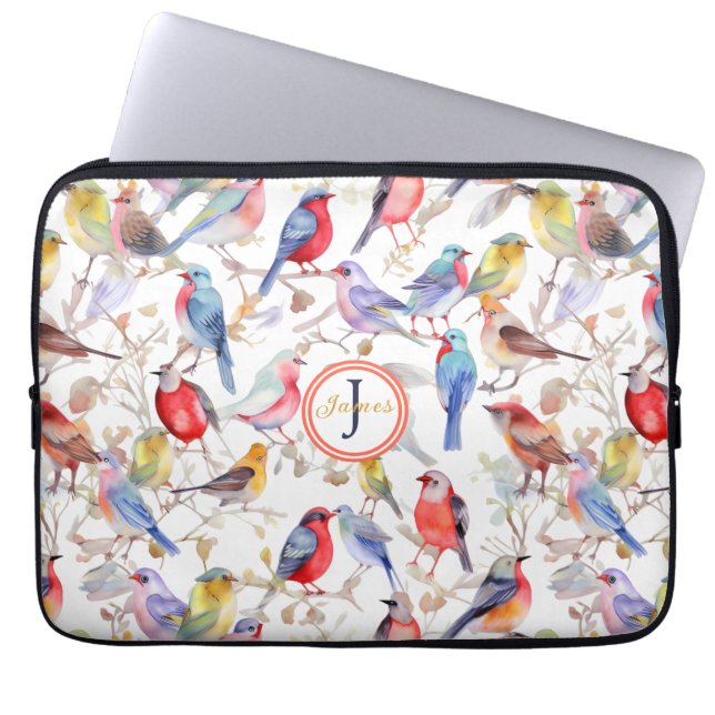 Monogram Enchanting Watercolor Birds Pattern Laptop Sleeve (Front)