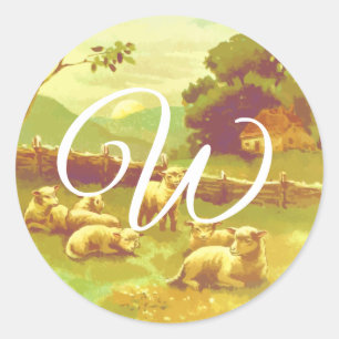 Monogram Envelope Seals, Pretty Vintage Sheep Farm Classic Round Sticker
