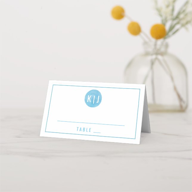 Monogram Escort Place Card | Blue Watercolor (Front)