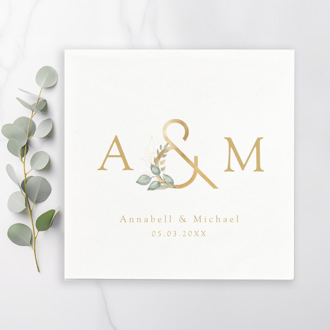 Monogram, Eucalyptus Ampersand, White & Gold Napkin (Monogram, Eucalyptus Ampersand, White & Gold Wedding Napkins.)