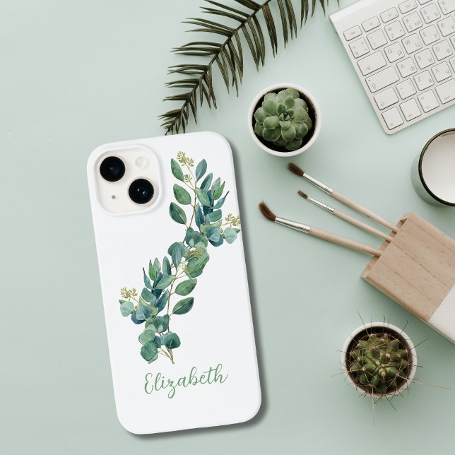 Monogram Eucalyptus Botanical Greenery  iPhone Case (Eucalyptus Greenery Botanical Monogrammed iPhone Case)