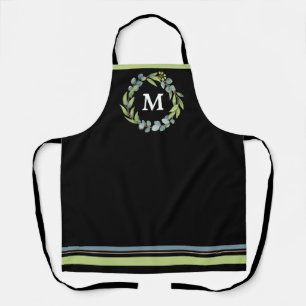 Monogram Eucalyptus Floral Wreath on Black  Apron