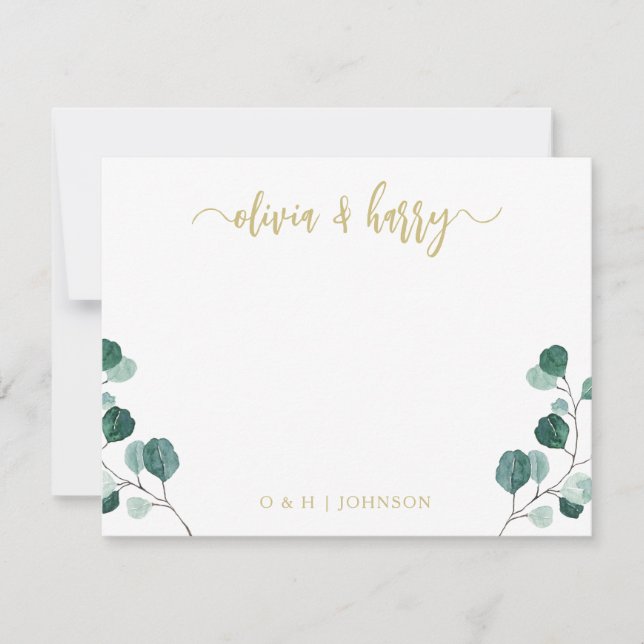 Monogram Eucalyptus Gold White Wedding Note Card (Front)