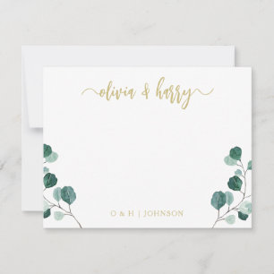Monogram Eucalyptus Gold White Wedding Note Card