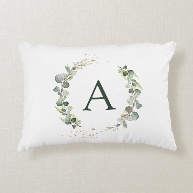 Monogram Eucalyptus Green White Botanical Accent Pillow (Front)
