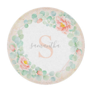Monogram Eucalyptus Leaves Peony Floral Peach Cutting Board