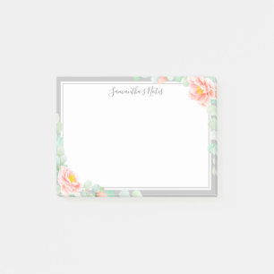 Monogram Eucalyptus Leaves Peony Floral Peach Grey Post-it Notes