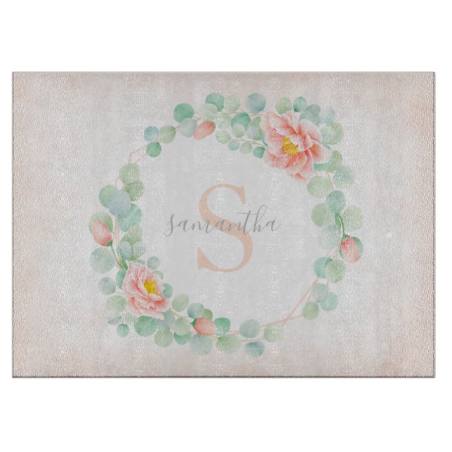 Monogram Eucalyptus Leaves Peony Floral Peach Sage Cutting Board (Front)