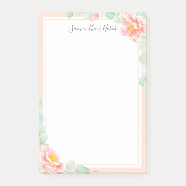 Monogram Eucalyptus Leaves Peony Floral Peach Sage Post-it Notes (Front)