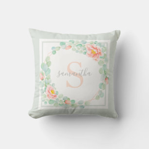 Monogram Eucalyptus Leaves Peony Floral Peach Sage Throw Pillow