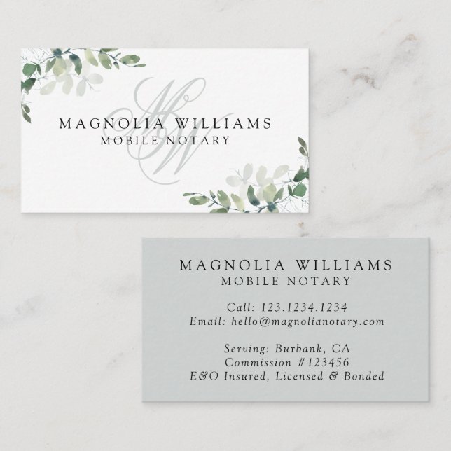 Monogram Eucalyptus Mobile Notary Business Card (Front/Back)