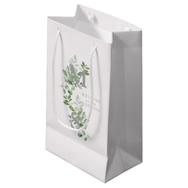 Monogram Eucalyptus Pale Pink Wedding Welcome  Small Gift Bag (Front Angled)