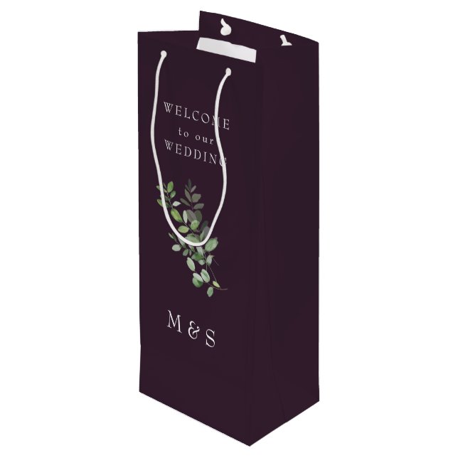 Monogram Eucalyptus Rich Wine Wedding Gift Bag (Back Angled)