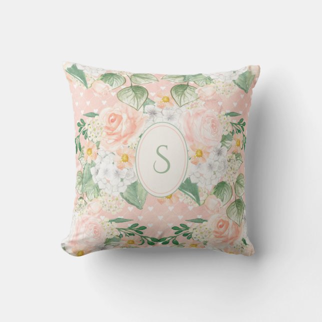 Monogram Eucalyptus Rustic Floral Sage Green Throw Pillow (Front)
