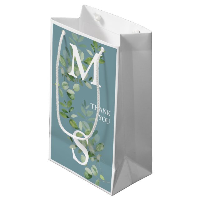 Monogram Eucalyptus Sage Wedding Favour Gift Bag (Front Angled)