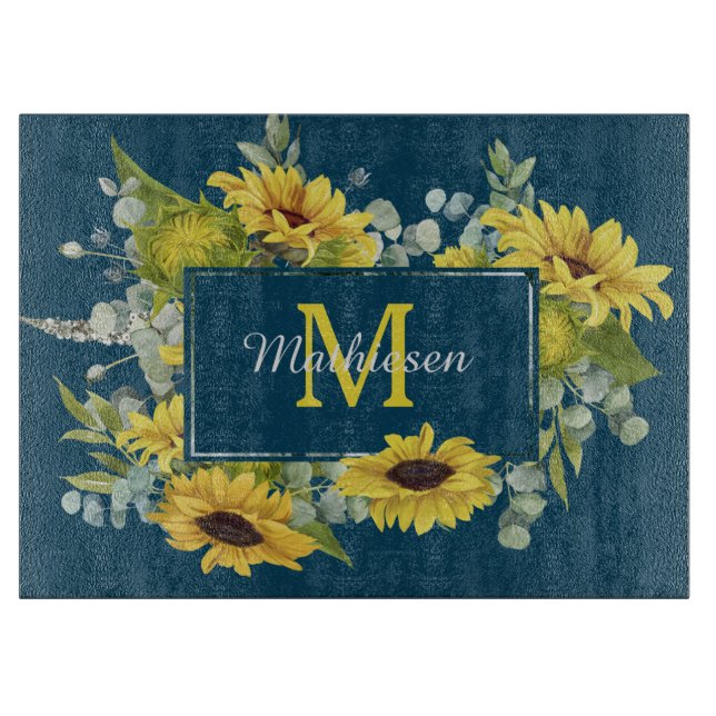 Monogram Eucalyptus Sunflower Frame on Blue  Cutting Board (Front)