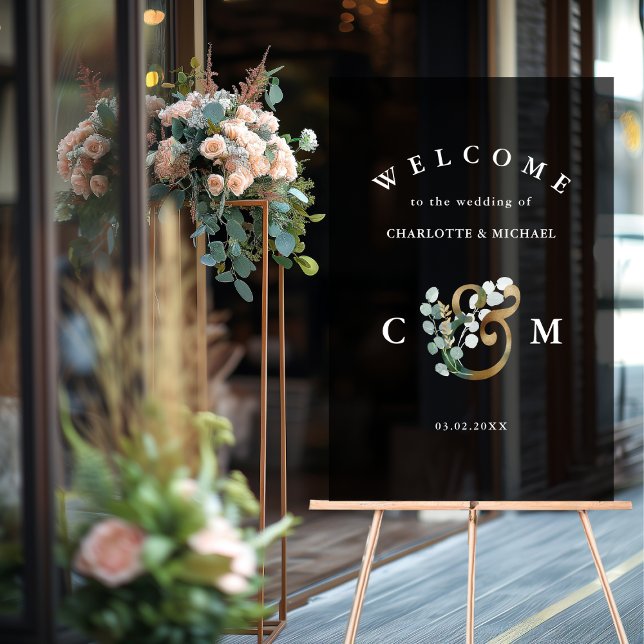 Monogram Eucalyptus verdure or mariage accueil (Monogram Eucalyptus greenery gold wedding welcome Acrylic Sign)
