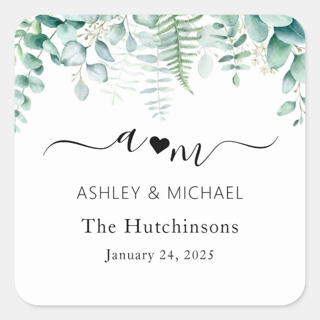 Monogram Eucalyptus Wedding Square Sticker (Front)