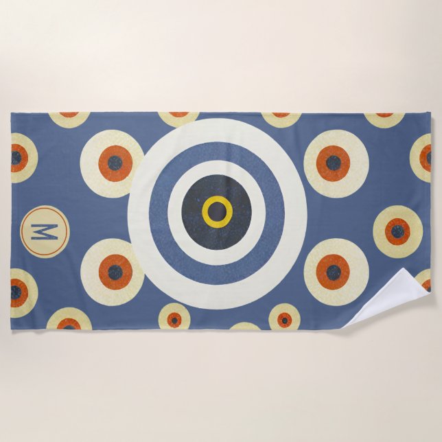 Monogram Evil Eye Retro Elegant Beach Towel (Front)