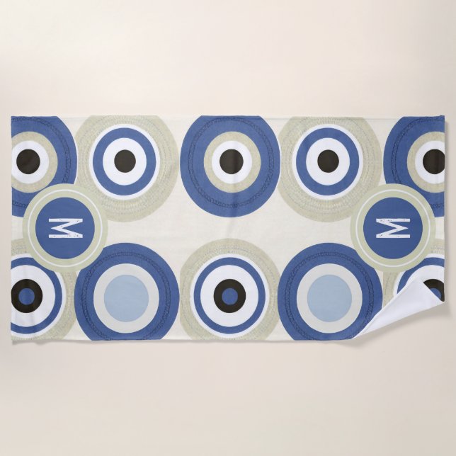 Monogram Evil Eye Retro Modern Beach Towel (Front)