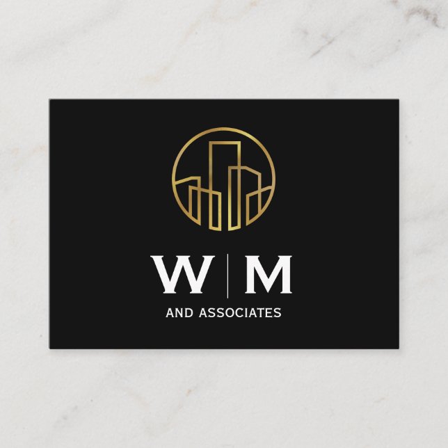 Monogram | Executive | Golden Buildings Icon Business Card (Front)