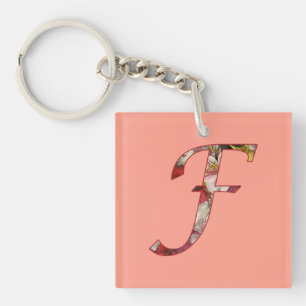 Monogram F Floral Design Keychain